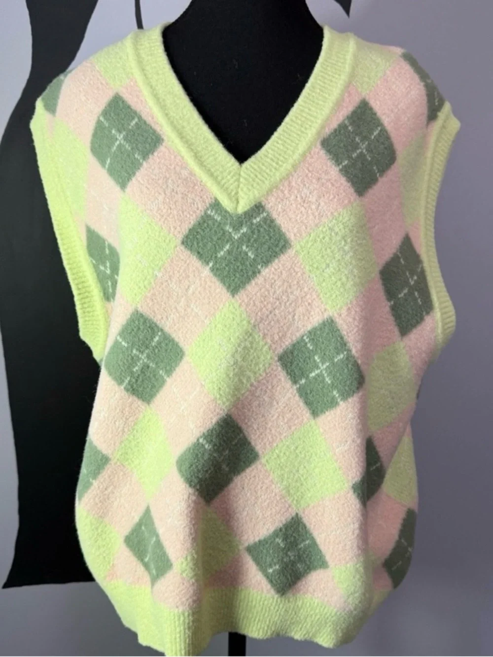 Zara Pastel Argyle Sweater Vest | Preppy V-Neck Knit Soft Girl Y2K - Picture 2 of 5